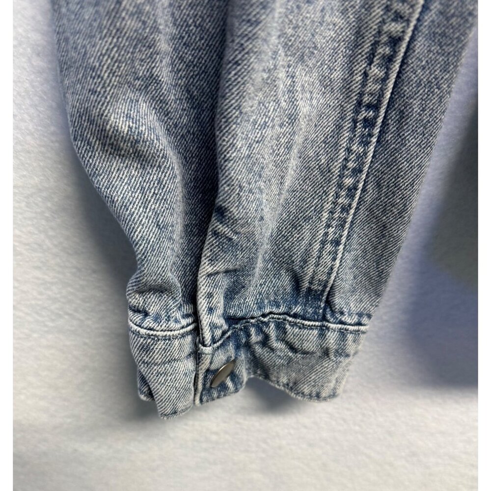 Böhme Womens Denim Jacket Distressed Light Wash Large Elastic Hem & Snap Pockets - Picture 4 of 10